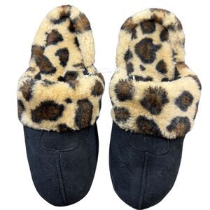 Women's Comfy Faux Fur Lined Mule Size 9 Multi Leopard Print Round Toe Slip On